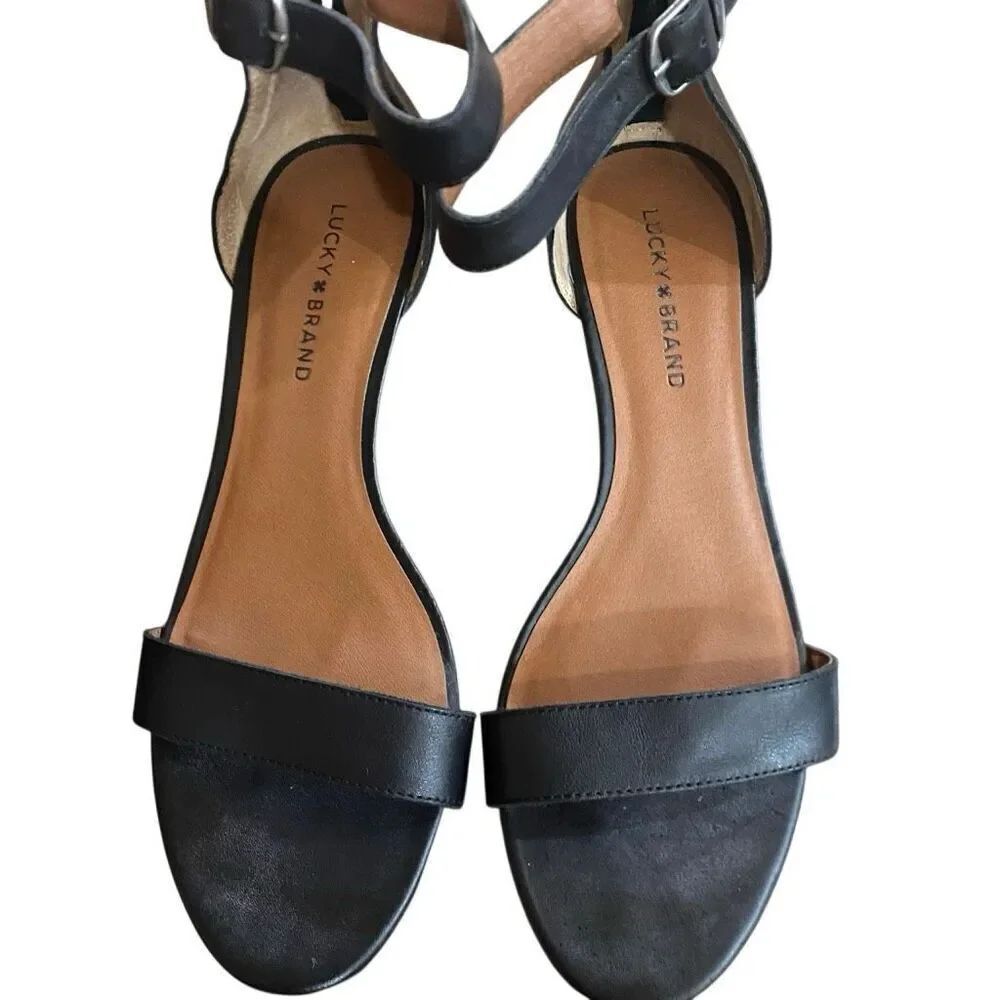 Lucky Brand Womens Ankle-Strap Wedge Sandals, BLACK, Size 10 M